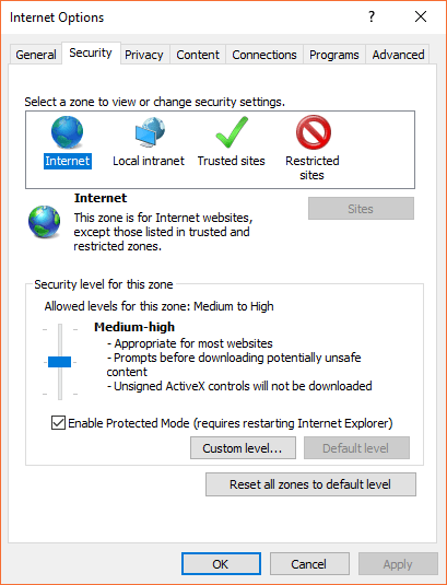 Internet Options security settings