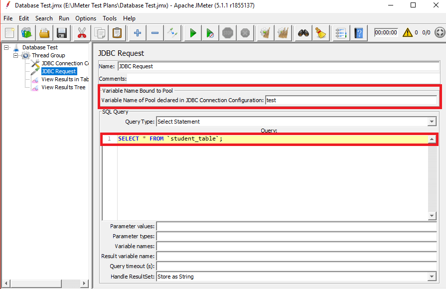 JDBC request to Create a Database Test Plan