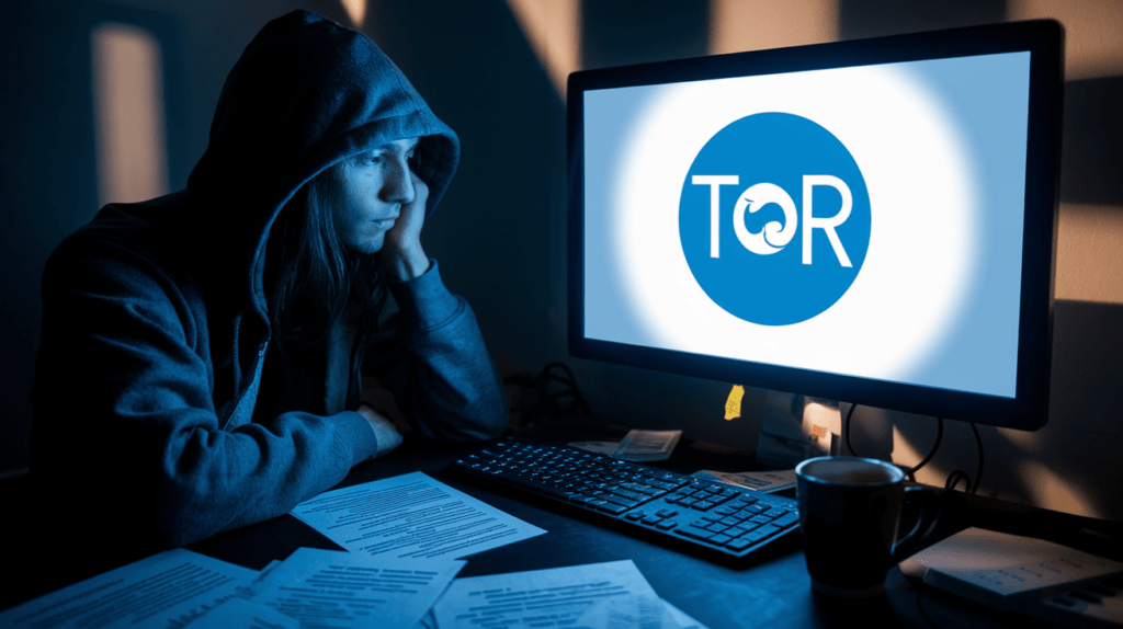 a realistic image of a dimly lit room with a computer screen illuminating a person's face, showing the Tor browser logo on the screen. Include a darkened keyboard, a cup of coffee, and scattered papers with binary code. The atmosphere should be mysterious and secretive, with shadows cast around the room.