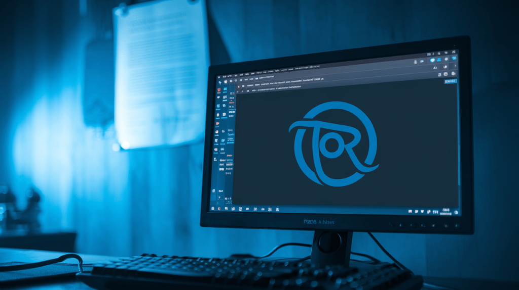 a realistic image of a computer screen displaying a dark web browser interface with the Tor logo, alongside a partially visible keyboard and a blurred legal document in the background, all bathed in a dim, blue-tinted light to create an atmosphere of secrecy and uncertainty.