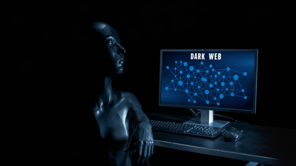 a realistic image of a dim computer screen displaying a network of interconnected nodes against a black background, with glowing blue lines connecting the nodes, and the words "Dark Web" prominently displayed in white text at the top of the screen, casting an eerie blue glow on a shadowy figure's face visible in the reflection of the monitor.