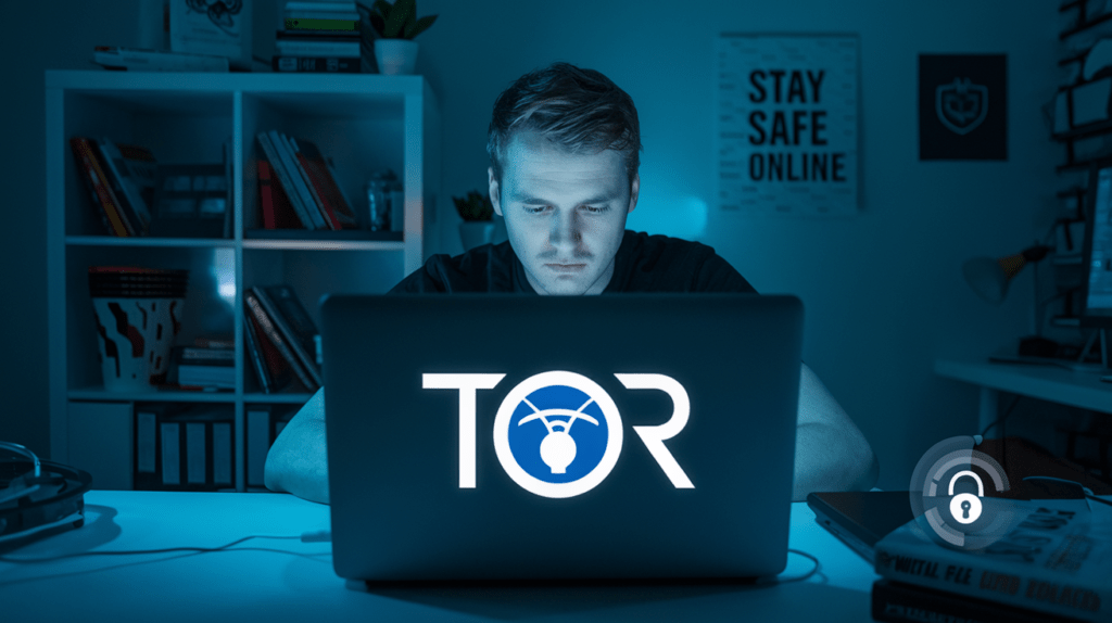 realistic image of a dimly lit room with a white male user sitting at a desk, focused on a laptop screen displaying the Tor browser logo. A virtual private network (VPN) icon is visible on the taskbar. In the background, there's a bookshelf with cybersecurity books and a "Stay Safe Online" poster on the wall. The overall mood is serious and slightly mysterious.