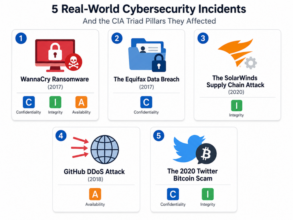 CIA Triad real-world examples diagram showing five attack scenarios mapped to confidentiality, integrity, and availability pillars.