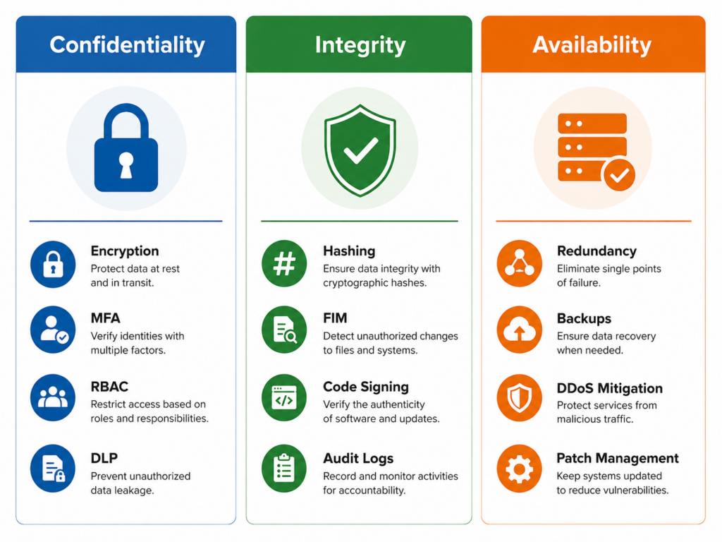 CIA Triad best practices checklist showing controls for confidentiality, integrity, and availability in a three-column layout.