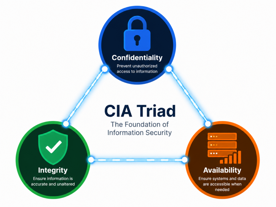CIA Triad diagram showing Confidentiality Integrity Availability pillars