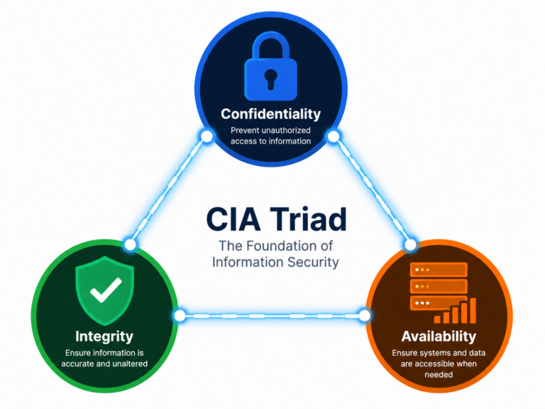 CIA Triad diagram showing Confidentiality Integrity Availability pillars