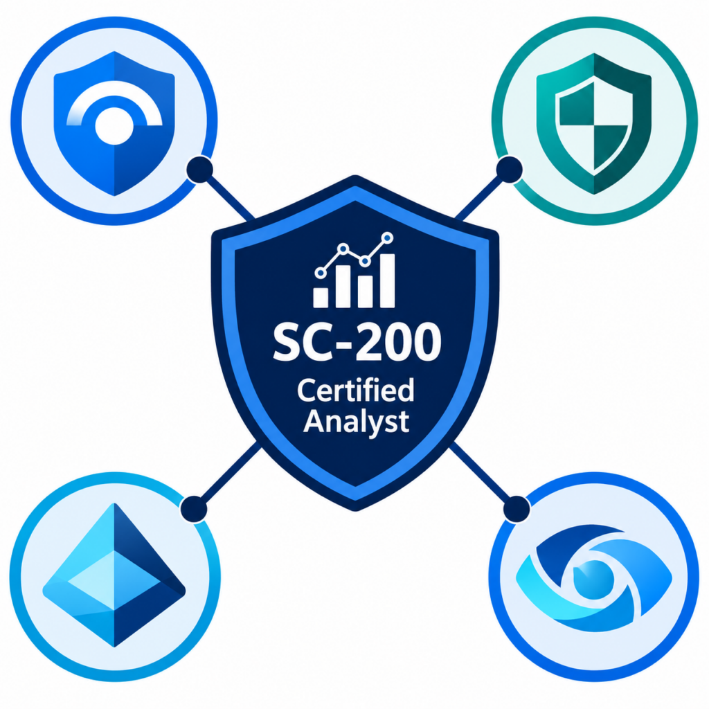SC-200 Certification: A Complete Guide to Passing in 2026 1 Diagram showing how the SC-200 certification maps to Microsoft Sentinel, Defender XDR, Entra ID, and Purview in a security operations workflow