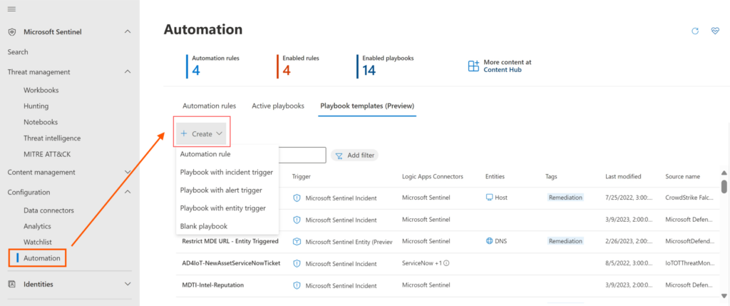 Microsoft Sentinel Automation Rule creation panel showing trigger, conditions, and a 'Run playbook' action